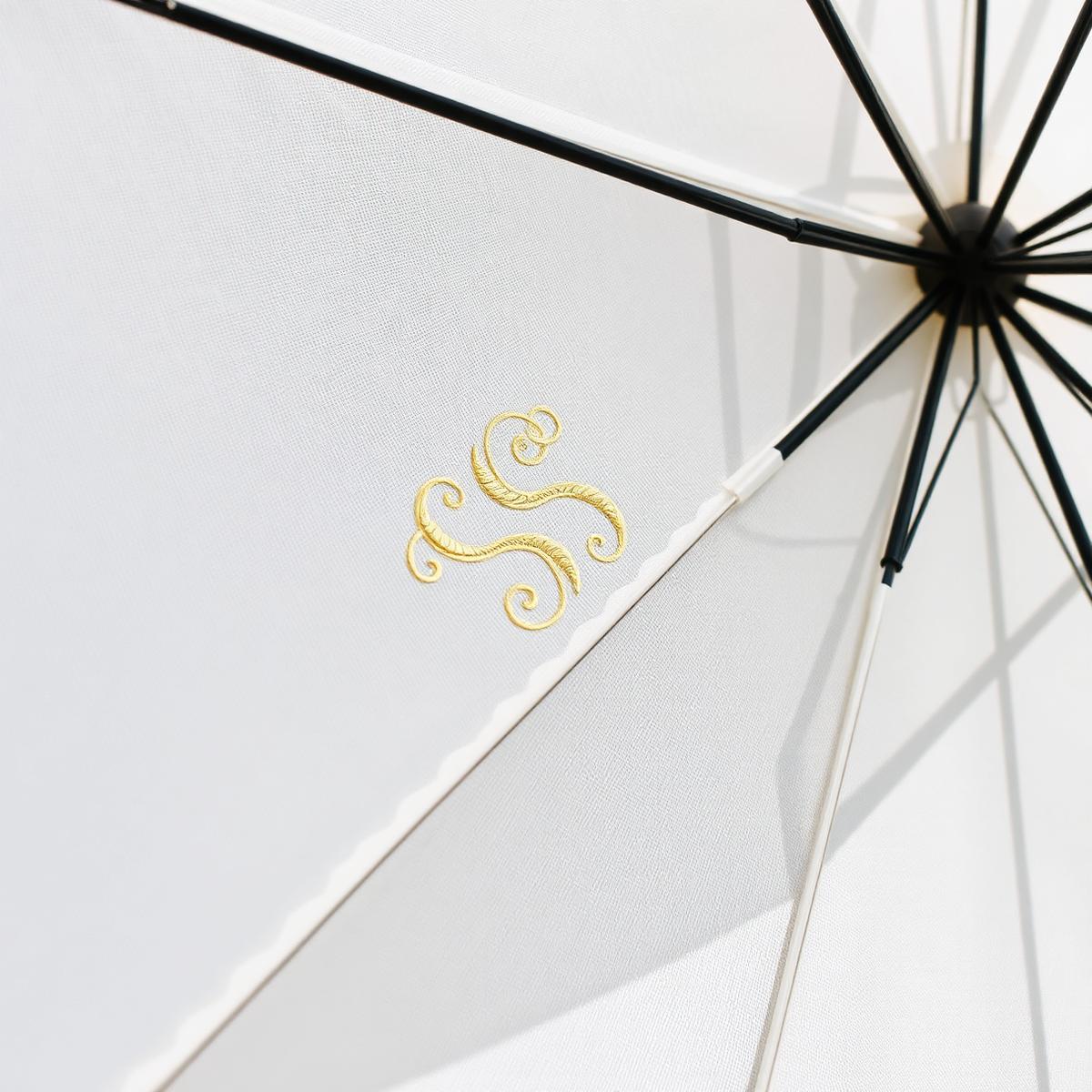 Gold monogram detail on ivory parasol