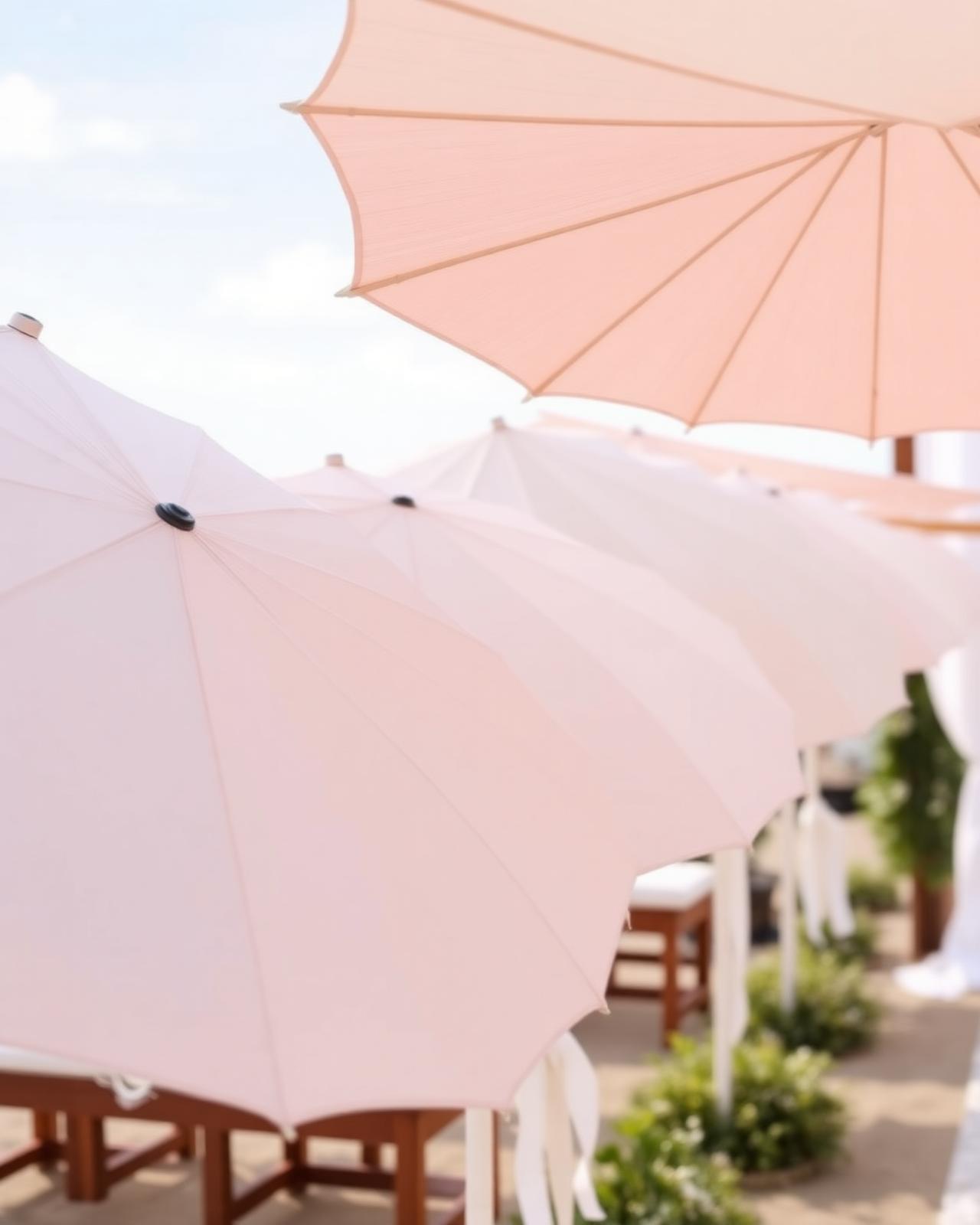 Row of pastel parasols at a beach wedding